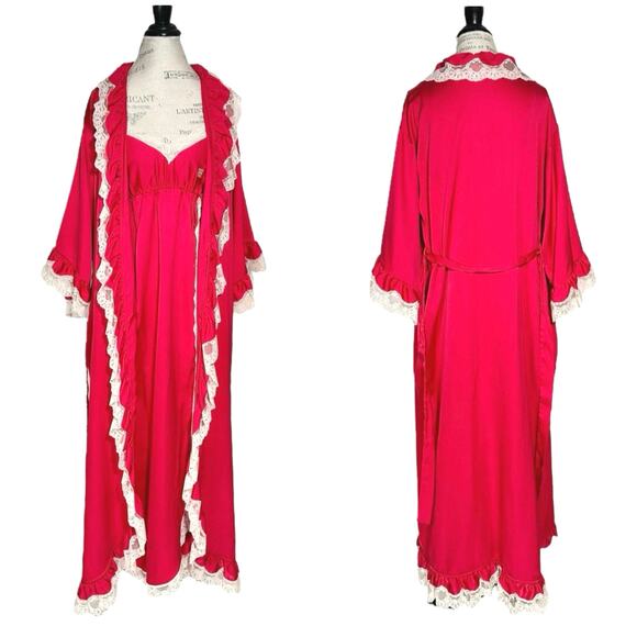 Givenchy Intimates | Women | Vtg 80s Red Satin Lace Slip Dress Robe Set | Small - Picture 1 of 16